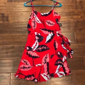 Red and blue leaf wrap mini dress